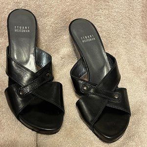 Stuart Weitzman Black Leather Slip On Sandals High Heel